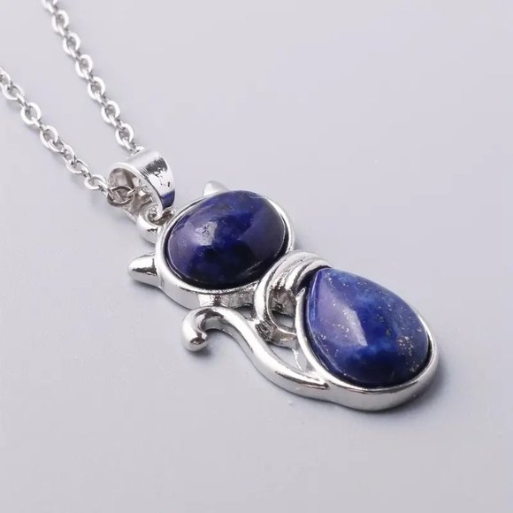 Lapis Lazuli Natural Stone Cute Cat Pendant Necklace - Picture 3 of 5